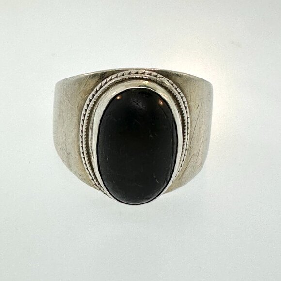 925 Sterling Silver Natural Black Sun Stone Ring - Size 7.75 - Picture 3 of 10